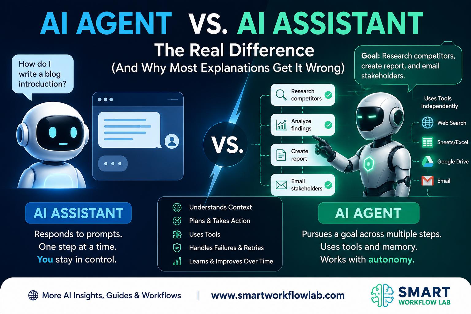 Side-by-side diagram comparing an AI assistant responding to a single prompt versus an AI agent executing a multi-step autonomous loop
