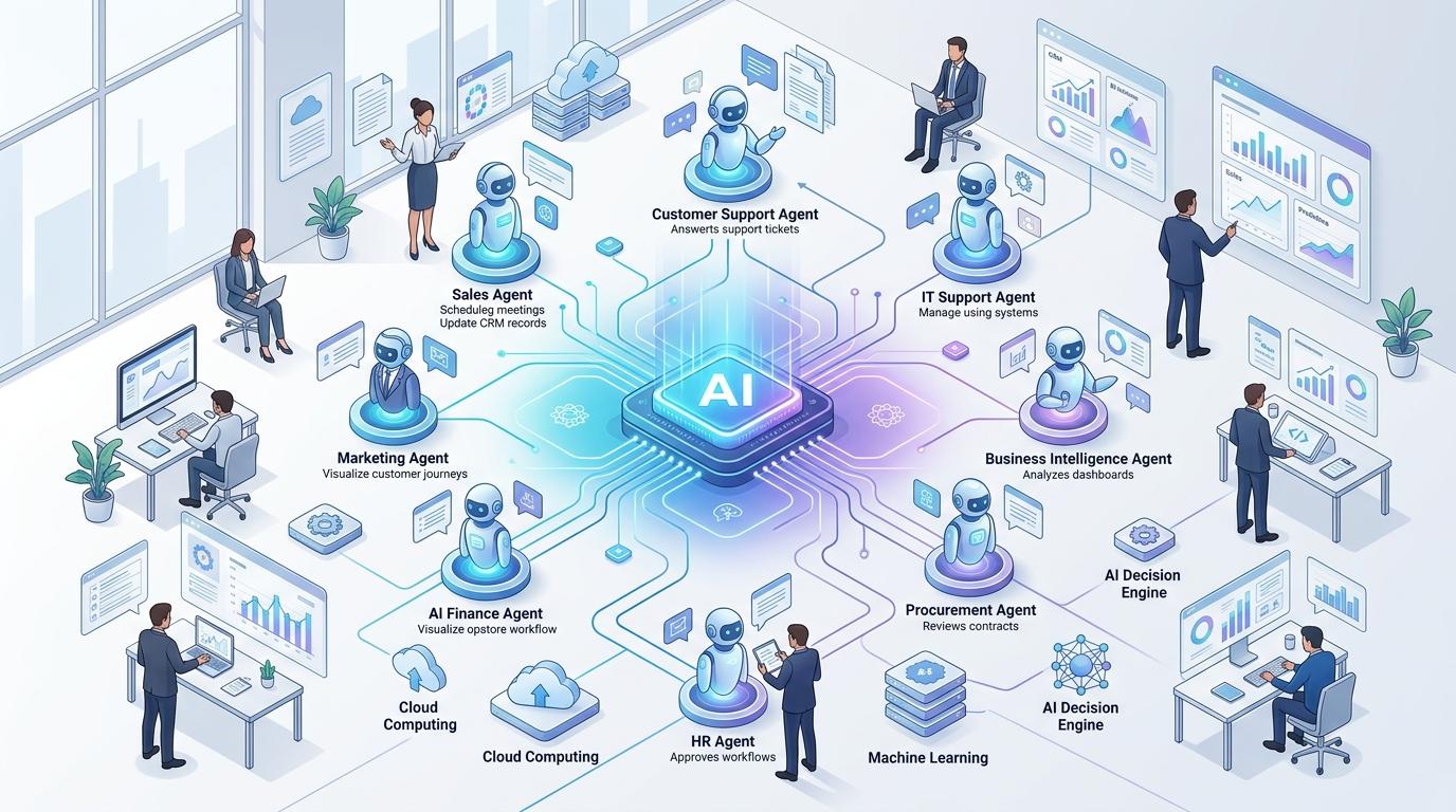 Illustration of an AI agent completing a multi-step business workflow across connected tools