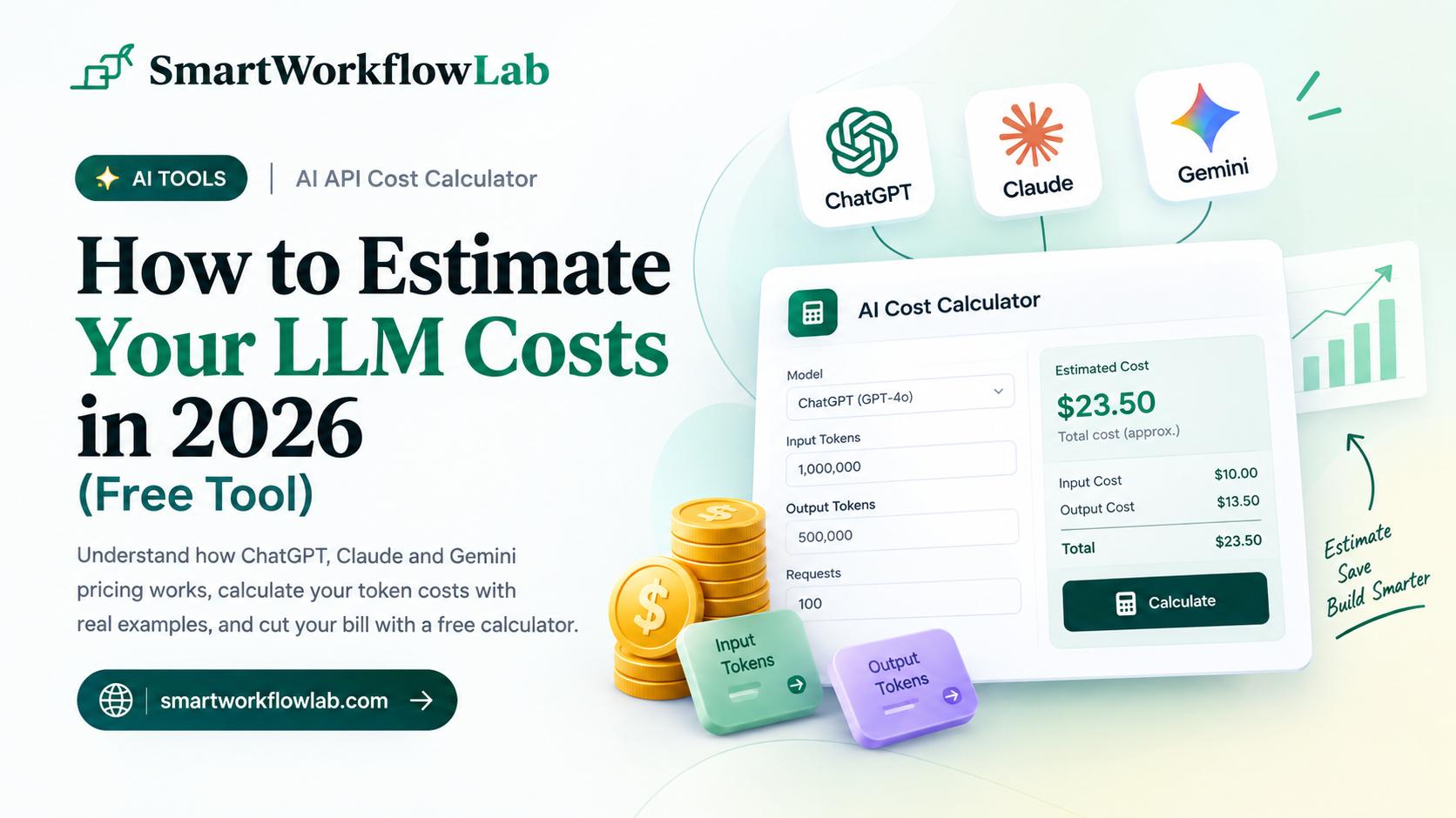 An AI API cost calculator estimating token pricing for ChatGPT, Claude, and Gemini