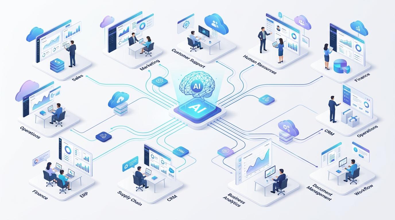 Business team reviewing an AI-driven operations dashboard across departments