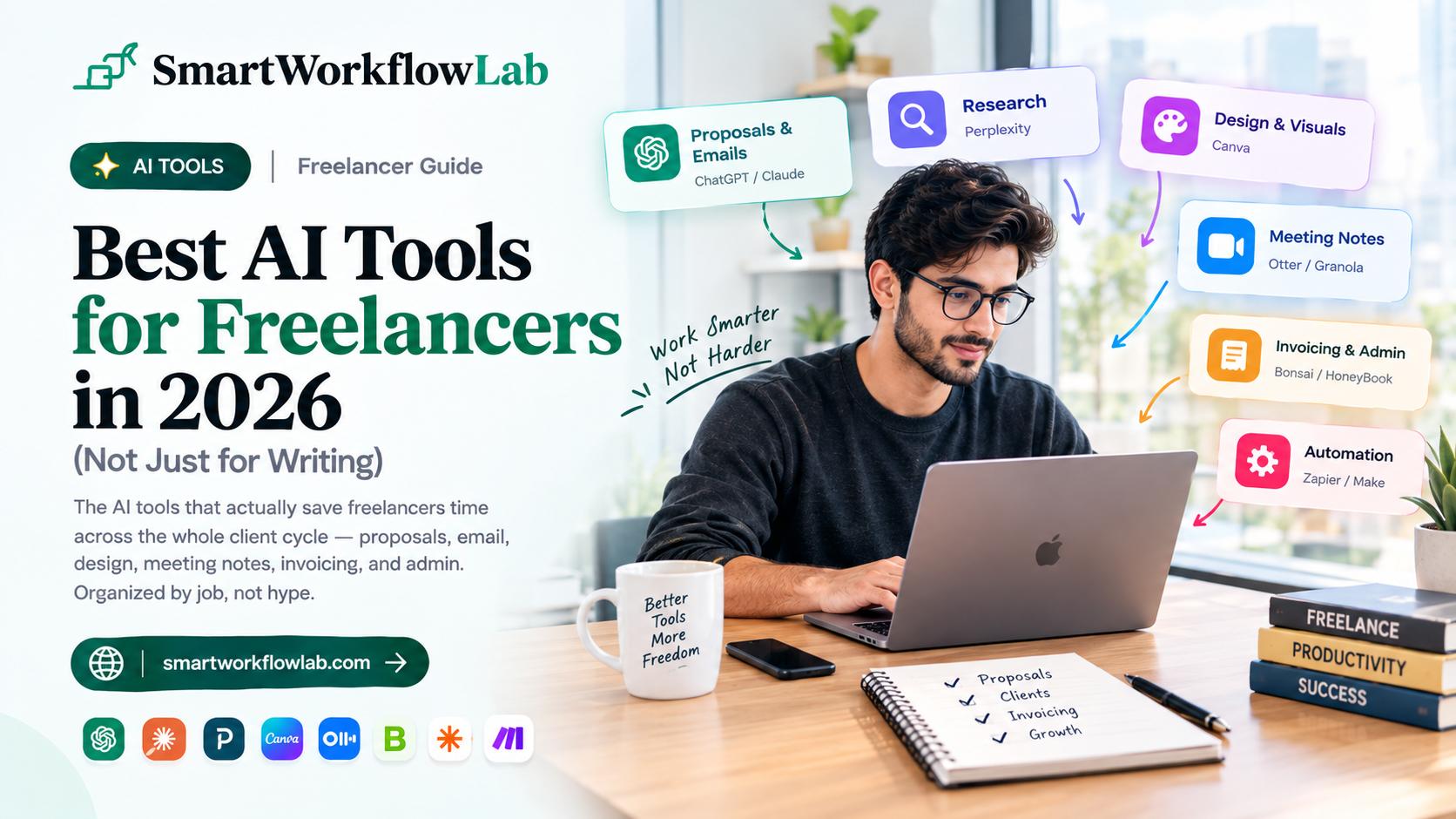 A freelancer using AI tools for proposals, invoicing, design, and admin on a laptop