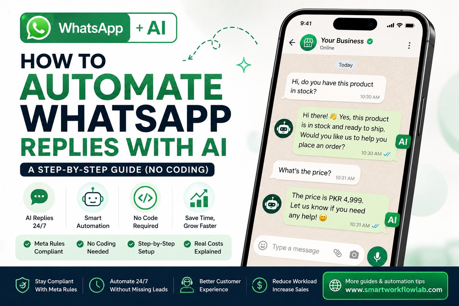 A WhatsApp chat being answered automatically by an AI assistant on a phone screen