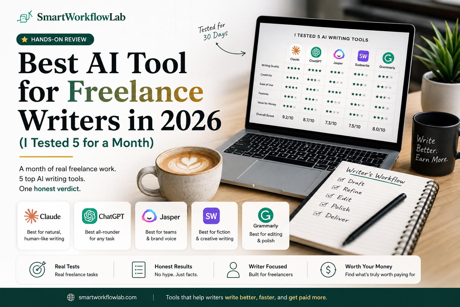 A freelance writer comparing AI writing tools on a laptop with a coffee and notebook