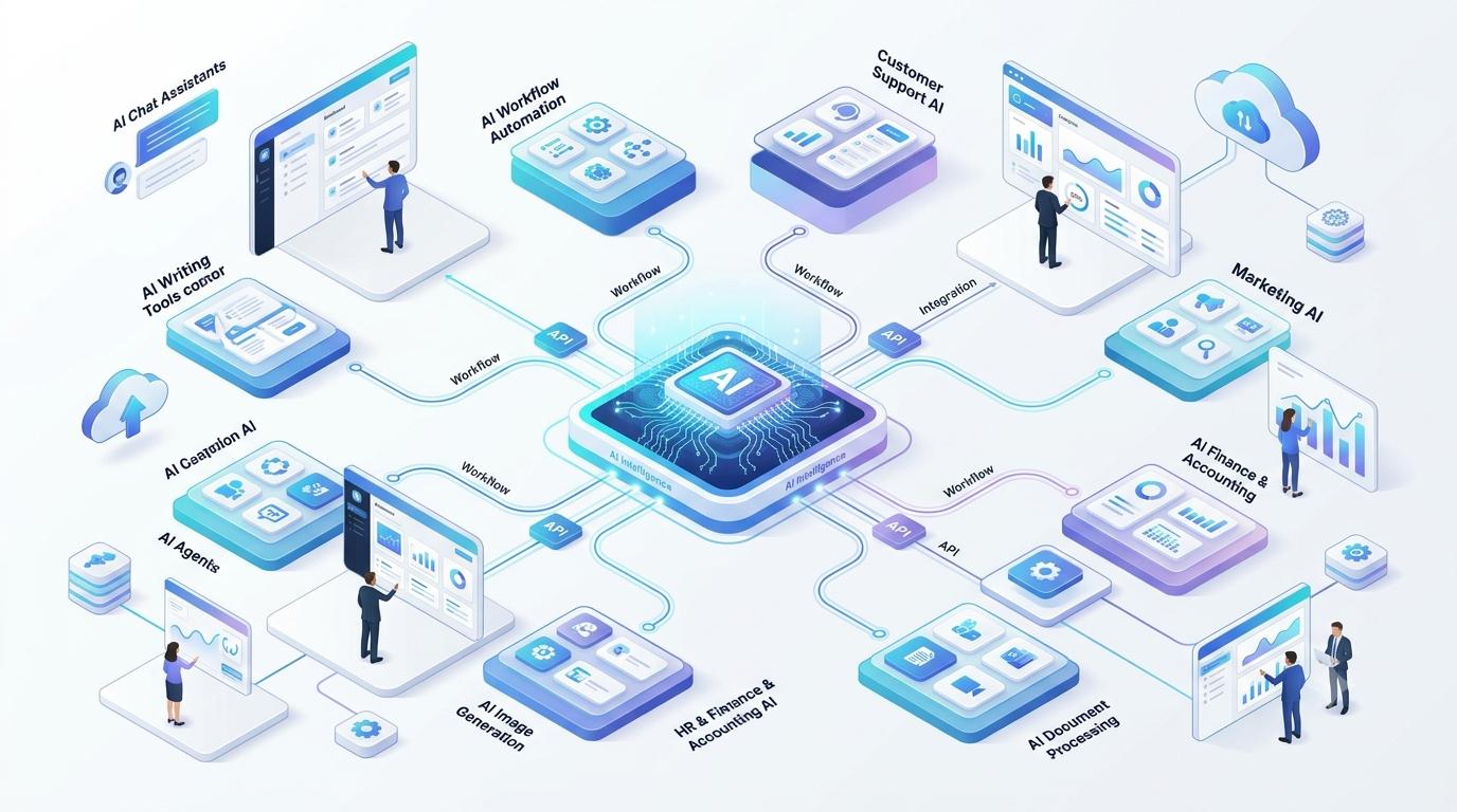 Grid illustration showing categories of AI business tools including chatbots, automation, CRM, and analytics