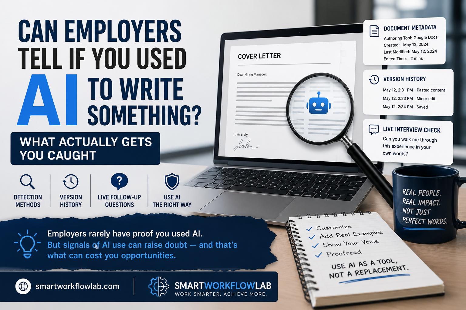 A recruiter reviewing a cover letter on a laptop next to a magnifying glass icon representing AI detection