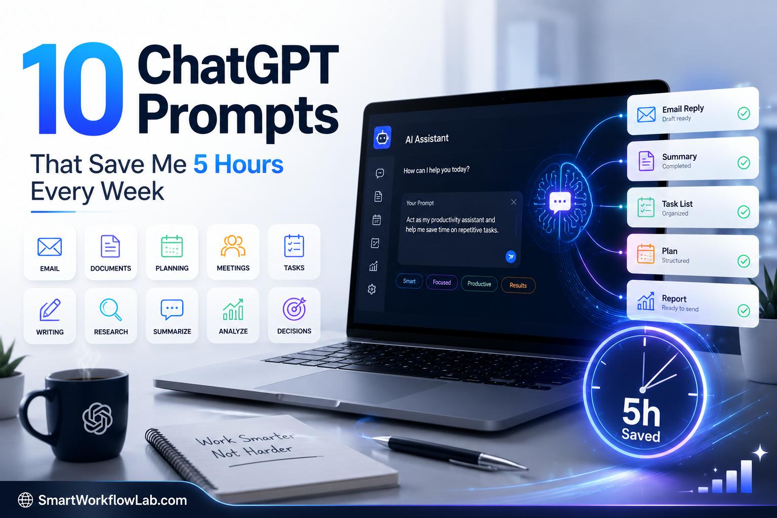 A laptop showing ChatGPT with a copy-paste prompt saving time on a work task