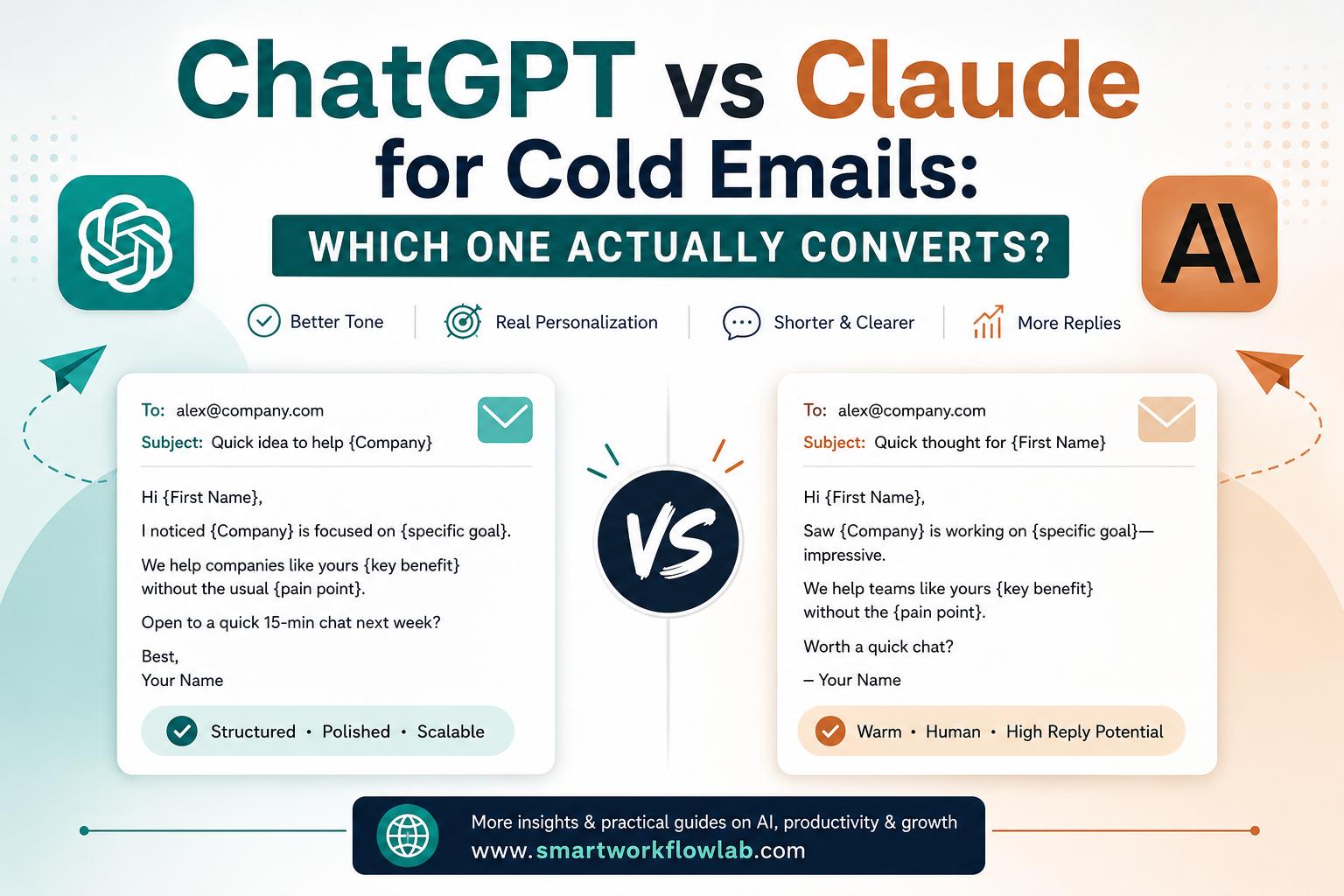 Split comparison of ChatGPT and Claude writing a cold email side by side
