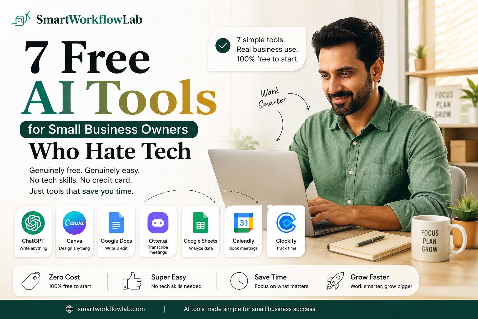 A small business owner using simple AI tools on a laptop with no technical setup