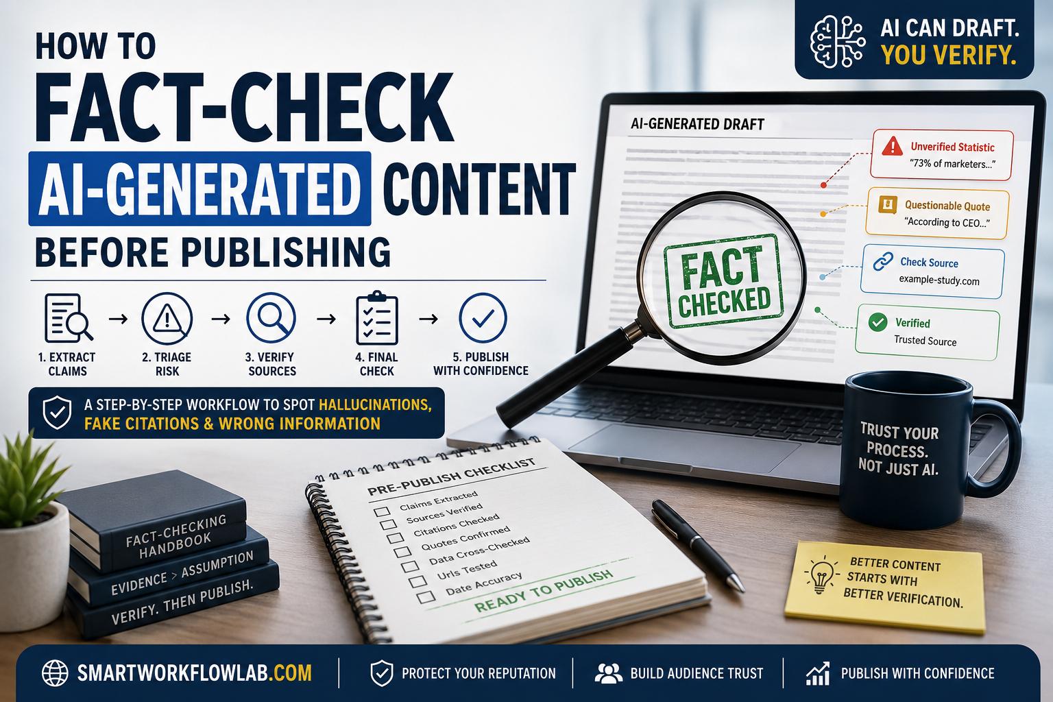 Editor reviewing an AI-generated draft against source material with a fact-checking checklist beside it
