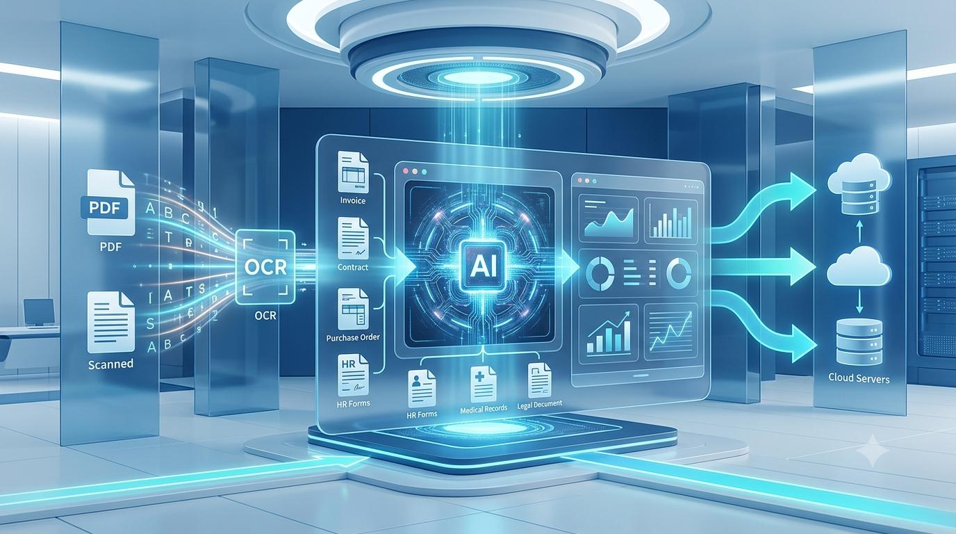 AI-powered Intelligent Document Processing system extracting data from invoices, contracts, forms, and business documents.