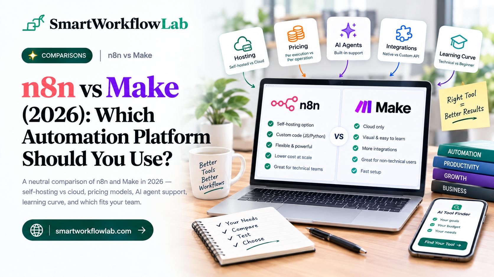 n8n and Make automation platforms compared side by side on a laptop screen