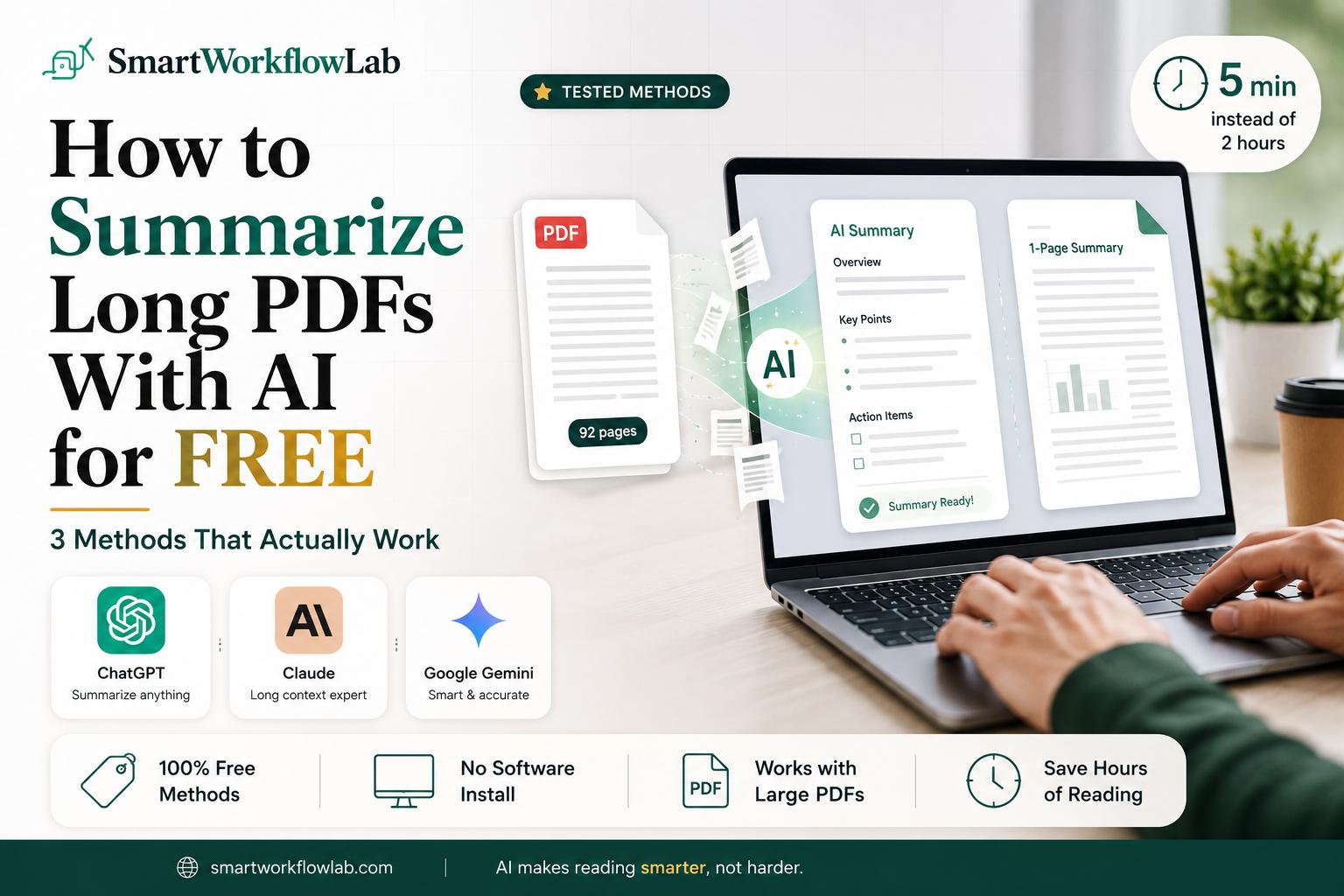 A long PDF being condensed into a short summary by an AI tool on a laptop screen