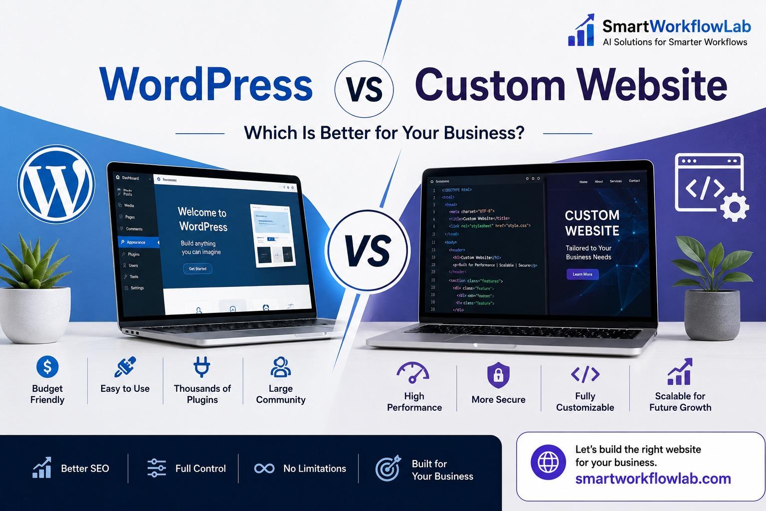 A WordPress dashboard and a custom code editor side by side representing the platform decision