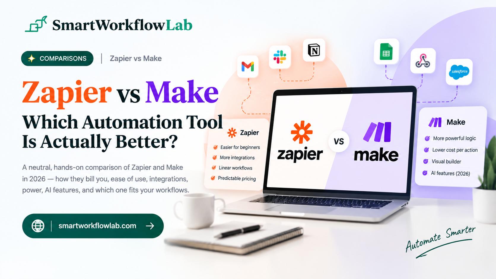 Zapier and Make automation platforms compared side by side on a laptop screen